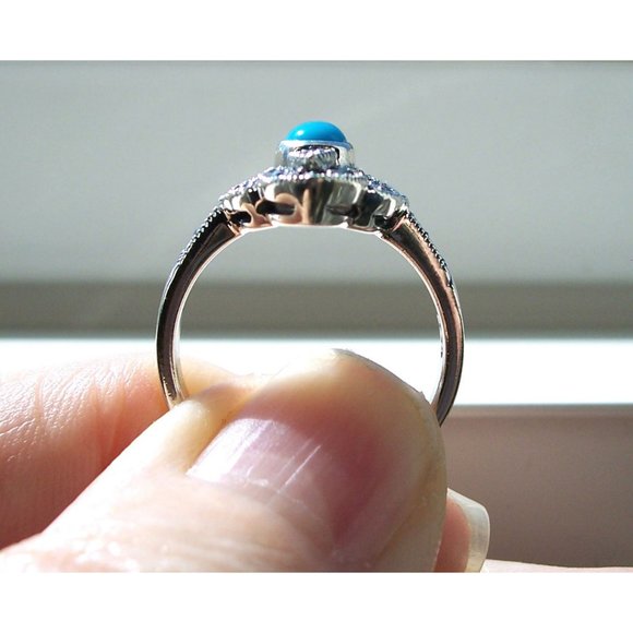 925 STERLING SILVER Simulated Turquoise Marcasite Ring - Picture 6 of 15